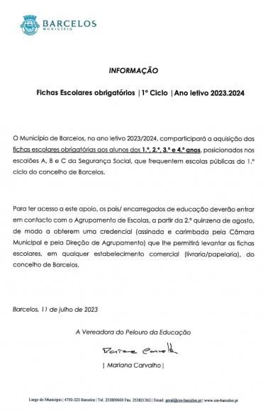 Fichas Escolares Obrigat&oacute;rias. 1&ordm; ciclo/ Ano lectivo 2023/2024