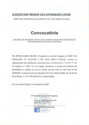 Convocat&oacute;ria para a Reuni&atilde;o dos Representantes das Candidaturas para a Designa&ccedil;&atilde;o dos Membros das Mesas Eleitorais