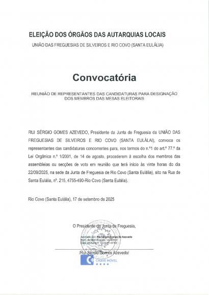 Convocat&oacute;ria para a Reuni&atilde;o dos Representantes das Candidaturas para a Designa&ccedil;&atilde;o dos Membros das Mesas Eleitorais