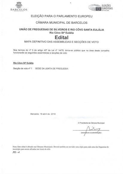Sec&ccedil;&otilde;es de Voto para a elei&ccedil;&atilde;o para o parlamento Europeu - Rio Covo