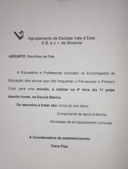 Reuni&atilde;o de Pais - E. B. e J. I. Silveiros
